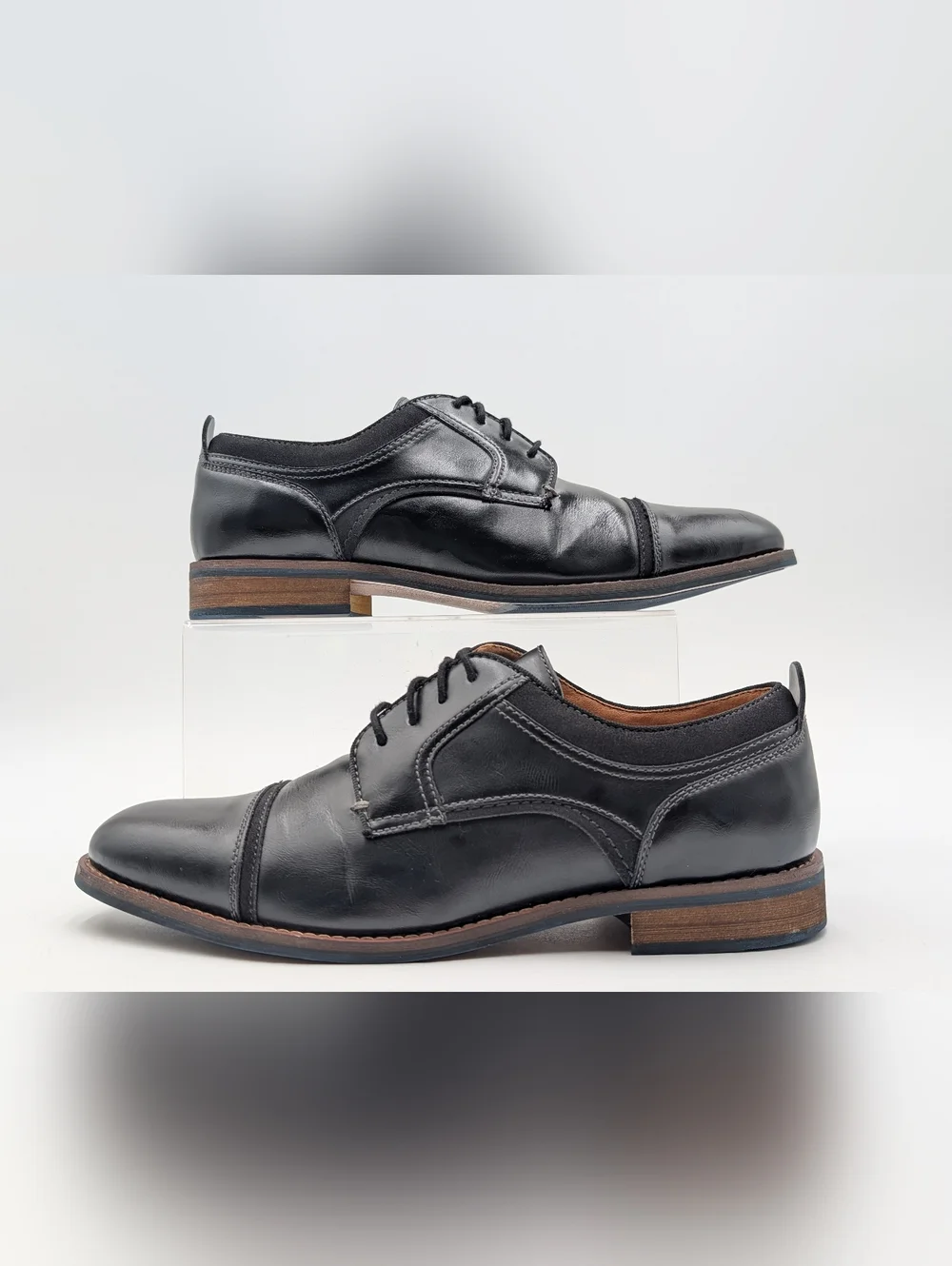 Dockers Men Sz 9.5 Black High-Quality Cap-Toe Oxfords Brown Trim Cushion Footbed